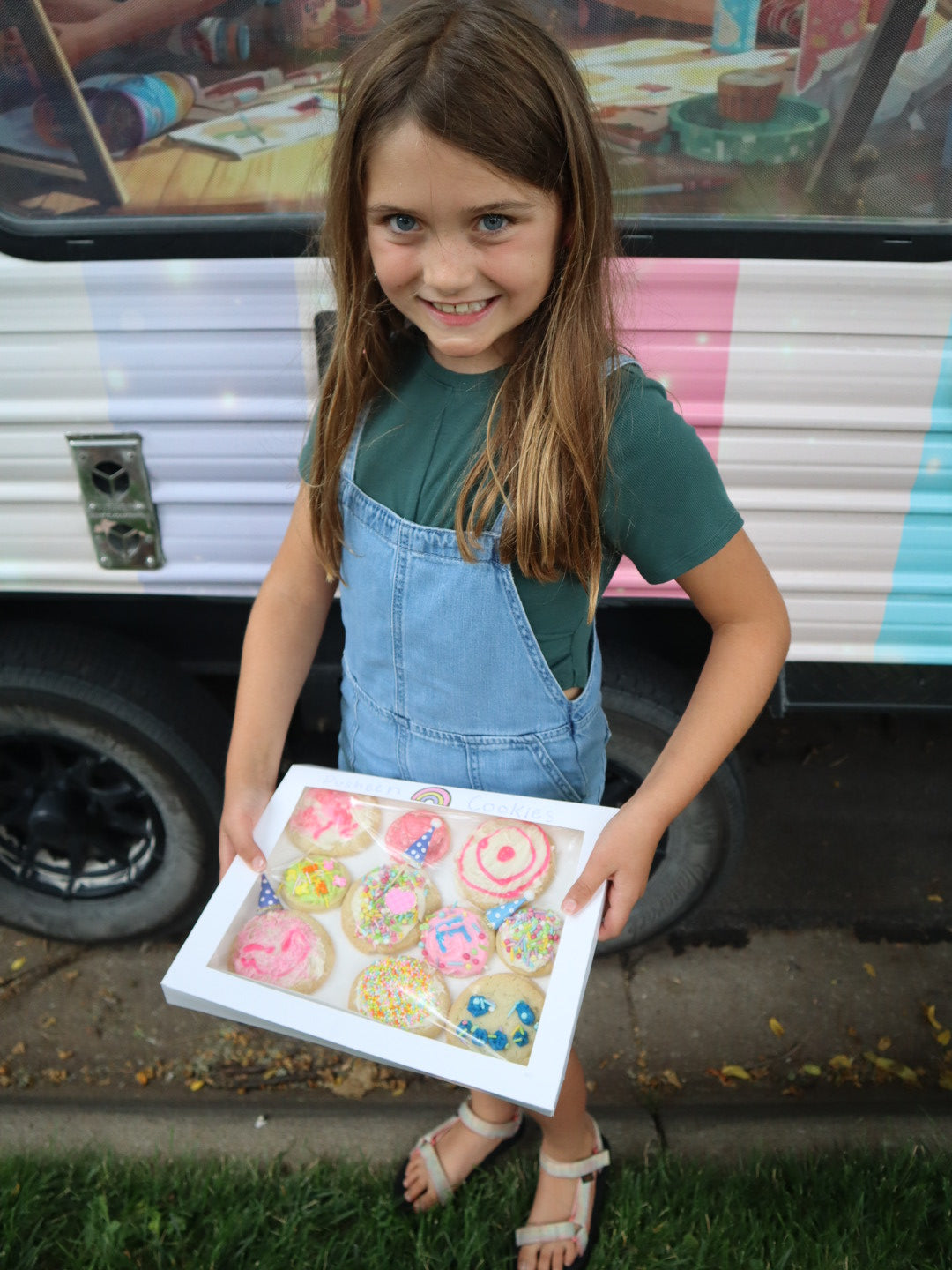Kids decorating cookies at mobile birthday party Omaha NE Besties Trailer Bash Co